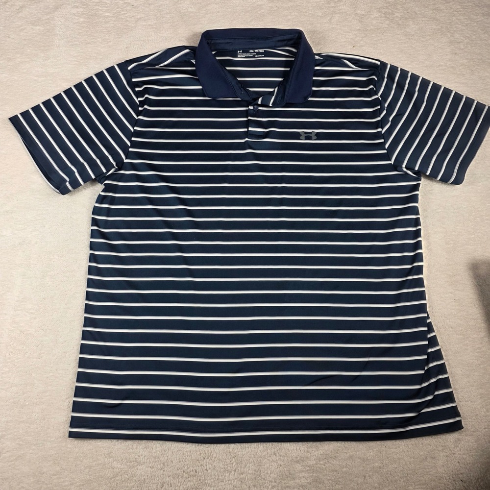 Under Armour Polo Shirt Mens 2XL Navy Blue Excellent Striped‎ HeatGear Golf Top